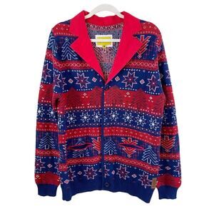 Tipsy Elves Navy & Red Fair Isle Christmas Cardigan Sweater Men's Size Large EUC